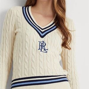 Ralph Lauren cable knit Cricket sweater. Ivory V-Neck Sweater with Navy Accents